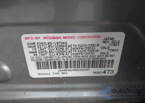 2011 Mitsubishi Outlander Sport Se z USA, uszkodzony, nr VIN JA4AR4AU9BZ006097